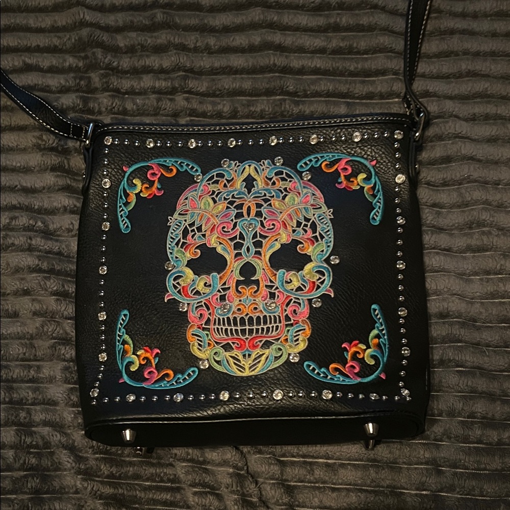 Montana West Black Crossbody Bag with Colorful Skull Embroidery